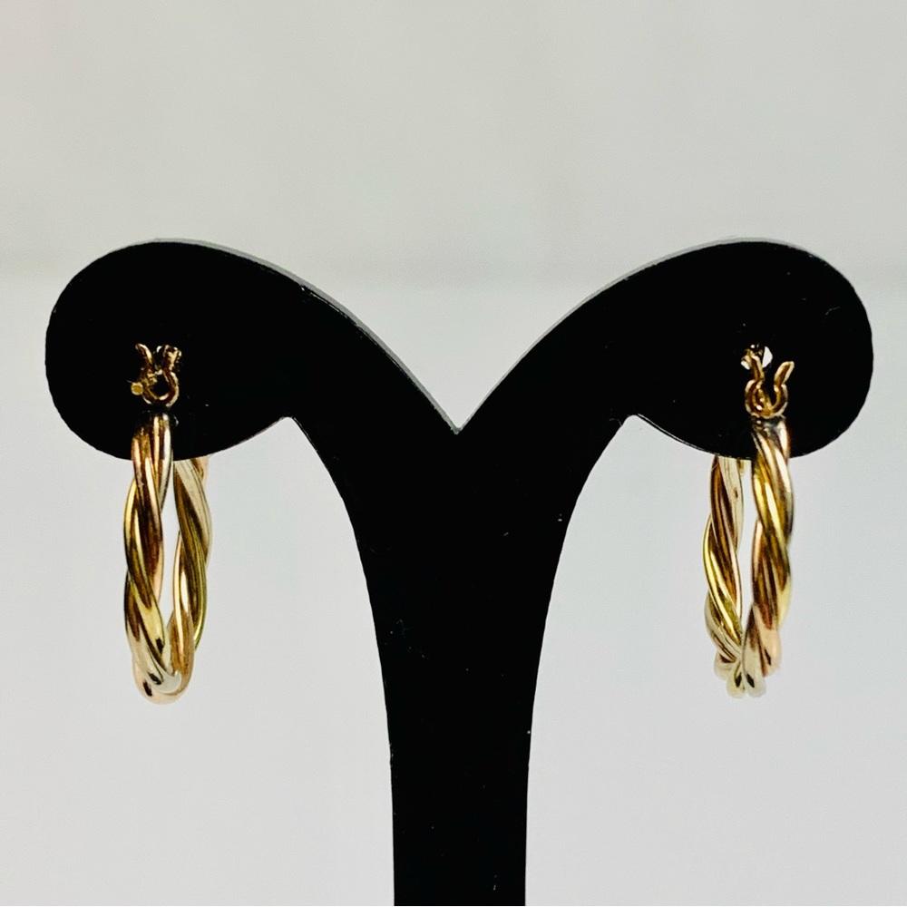 14K Tri-Color Small Twisted Hoop Earrings - Picture 8 of 12